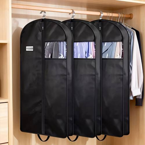 a high quality non woven three dimensional garment dust cover featuring a window and a zipper closure this durable waterproof and breathable bag is designed for hanging clothes providing protective storage for coats and suits