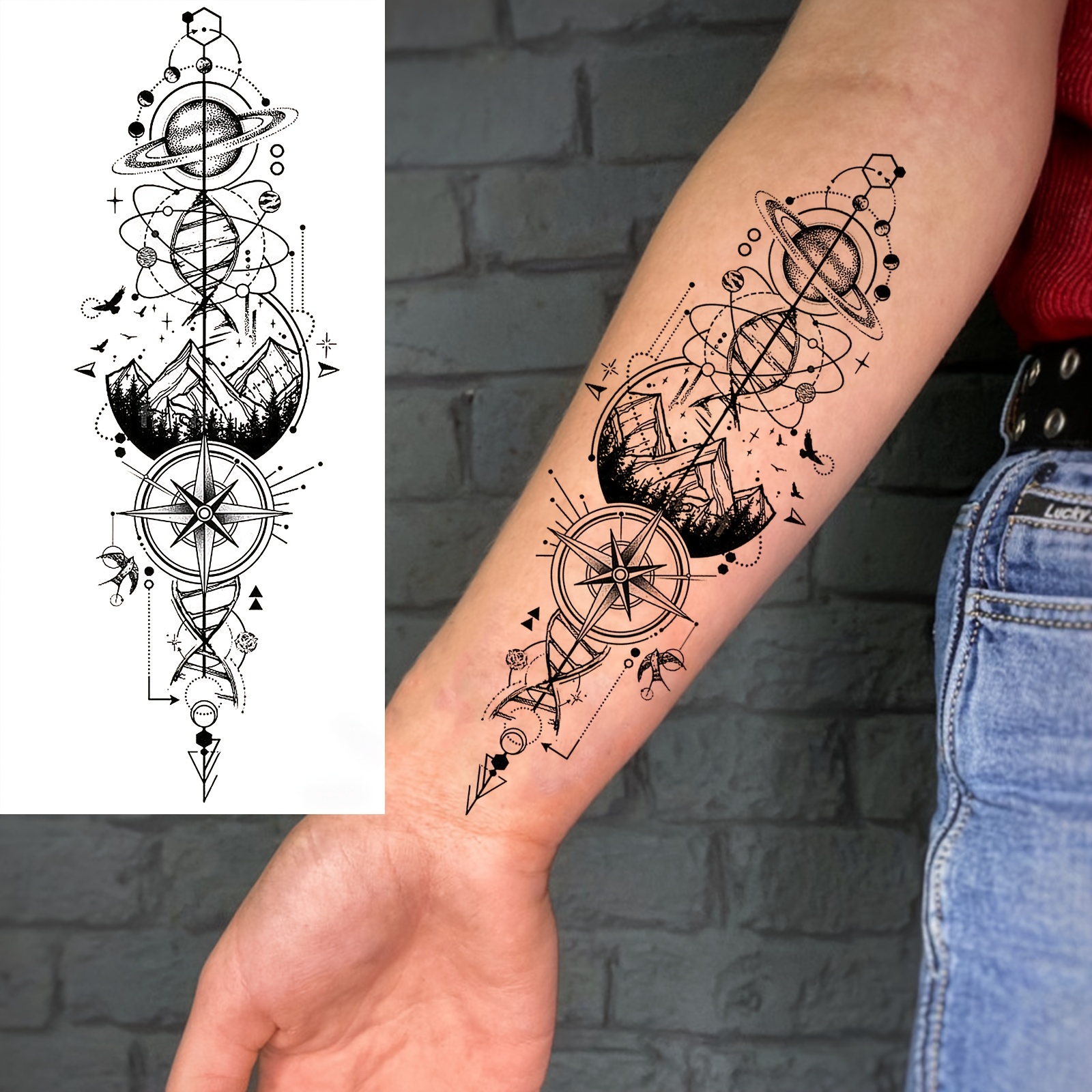 a temporary tattoo featuring a geometric forest - Temu, image size:1600x1600