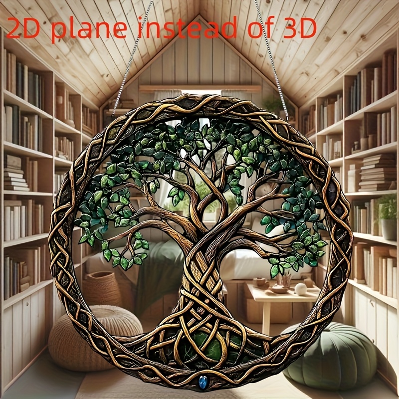 E-shop Ein "Baum des Lebens" Sonnenfänger im Boho-Stil aus Acryl (10 Zoll x 10 Zoll) - Mit leuchtenden grünen Blättern und einem keltischen