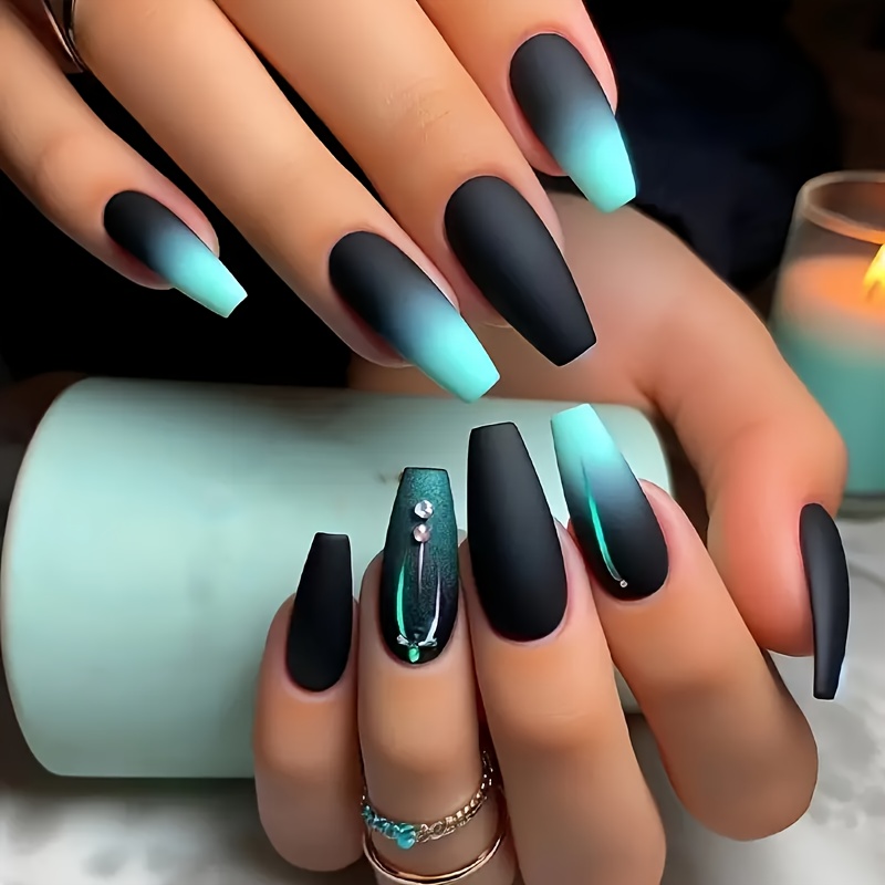 

Elegant Matte Blue Gradient Ballet False Nails - 24pcs Set, Medium-long Coffin Shape With Diamond Accents, Full Coverage Acrylic False Nails, Suitable For Daily Women And Girls