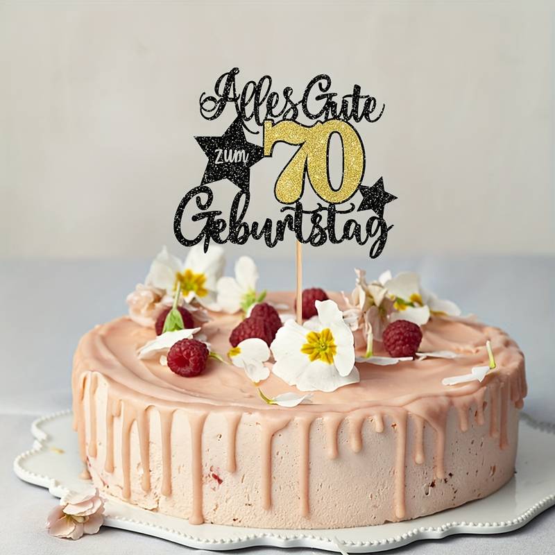 Topper Per Torta 70° Compleanno Oro Glitter - Decorazione Con Bastoncino In Legno - Cartoncino Resistente Per Festa Di Anniversario