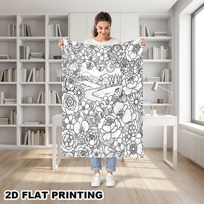 TEMU 2d Flat, 1pc Coloring Fleece Blanket, Adult Stress Relief Hand-drawn Coloring Blanket, With Scenery And Floral Theme, Reusable Doodle Decor