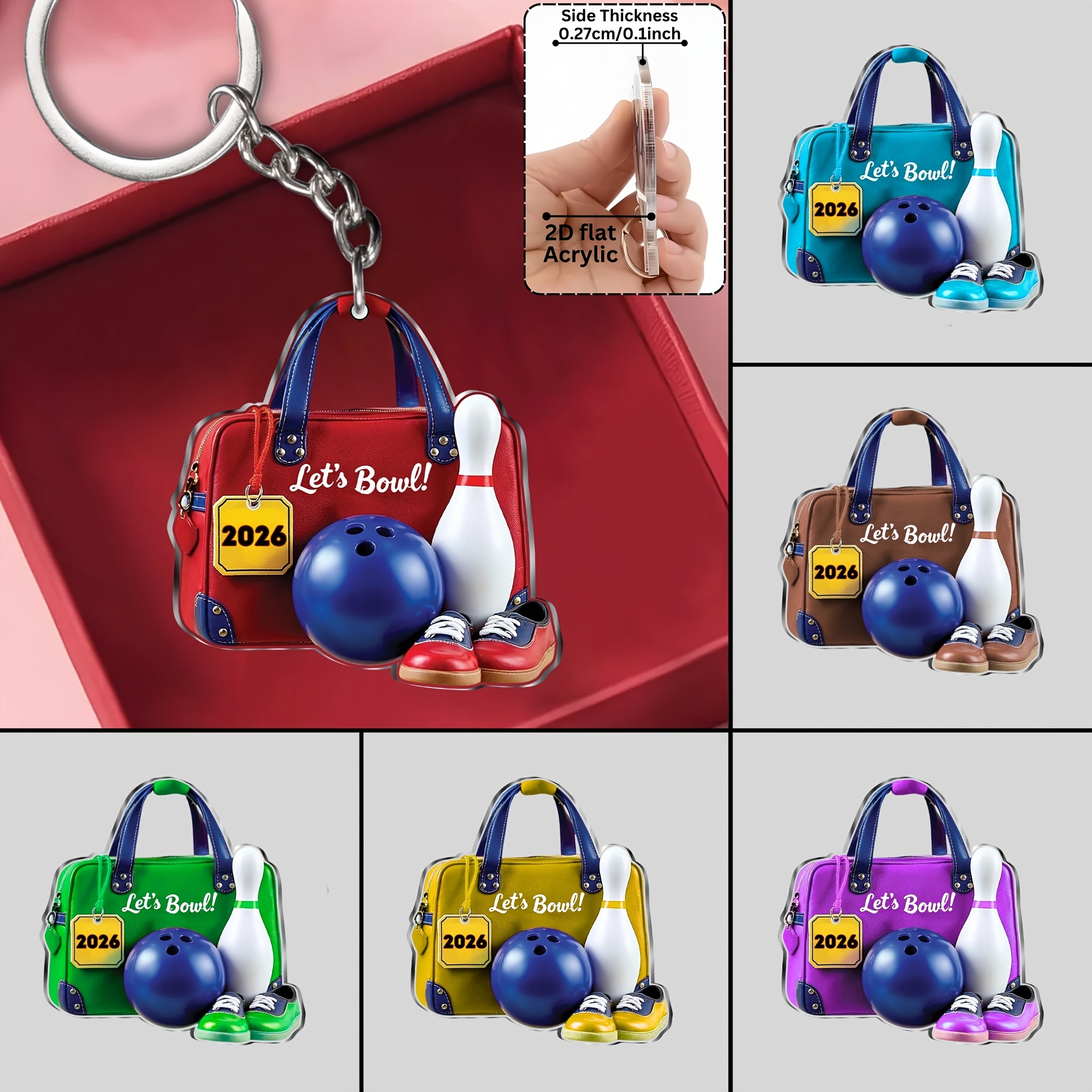 TEMU 2d Flat, 2d Flat - Bowling Bag Themed Keychain 6pcs, Keychains, Bag Accessories. An For Bowling Enthusiasts. Durable Acrylic Material, Party,