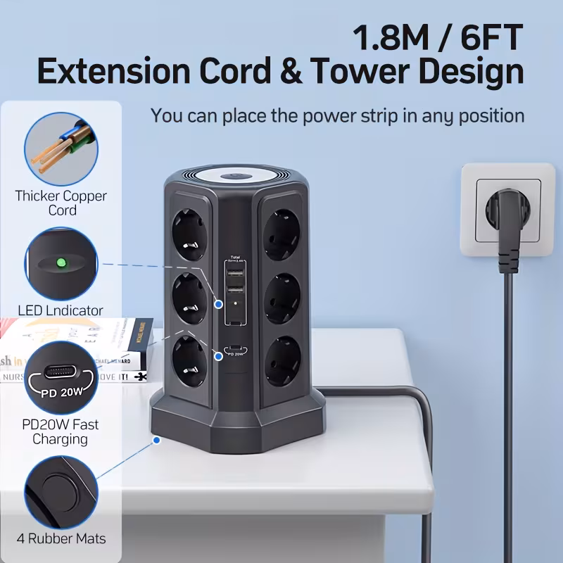 di multifunzione 16-in-1, 12 prese ca + 2 usb-a + 2 usb-c (ricarica rapida pd 20w), interruttori individuali, luce notturna dimmerabile, cavo di prolunga da 1,8 m/6 piedi, protezione da sovratensioni, design salvaspazio, per casa, ufficio e camera da letto Dettagli dell'articolo 0