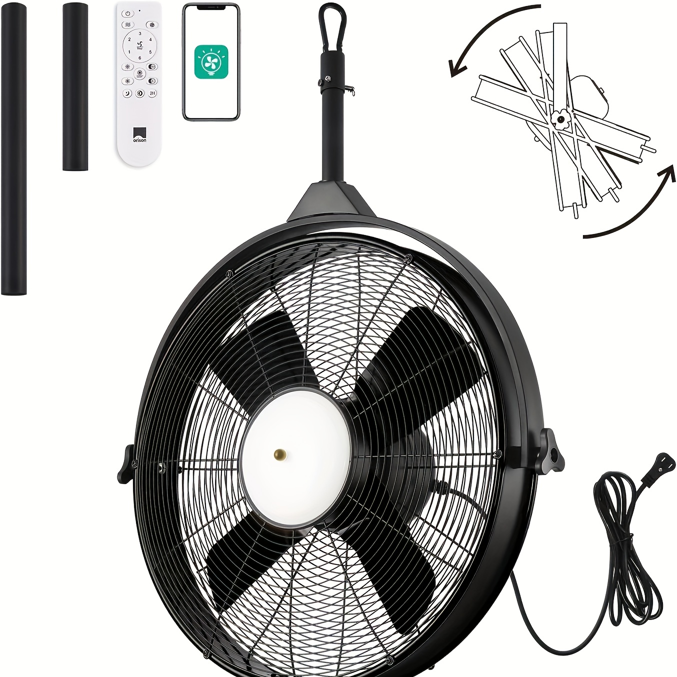 24.8'' Waterproof Outdoor Ceiling Fan, 6 Speed Ceiling Mounted Plug-In Cord Garage Fan with Remote&APP, 360-degree Manual Vertical Rotation, Hook Hanging for Gazebo, Patio, Pergola