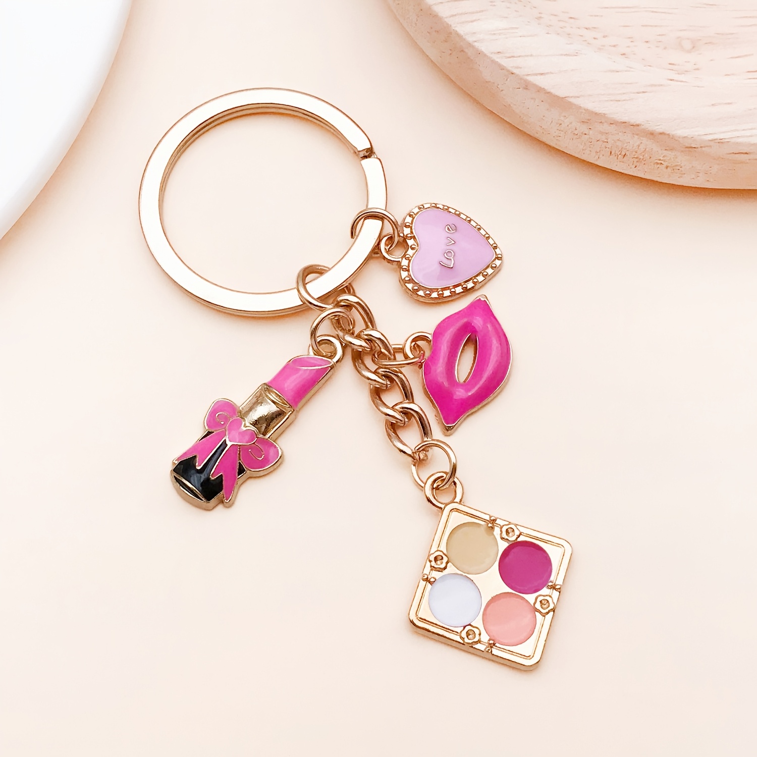 TEMU 1pc Rose Red Drip Oil Kc Golden Alloy Women's Makeup Powder Box Lipstick Lipstick Keychain, Fashion Keychain Gift, Give
