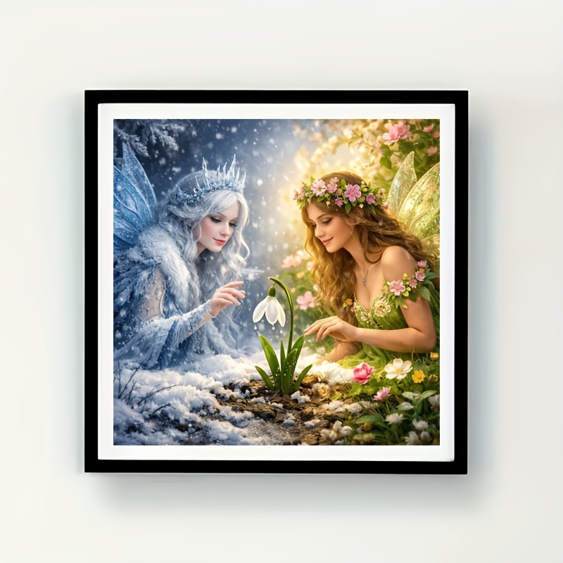TEMU Kit de peinture diamant 40x40cm - Art sur toile, avec fleurs féeriques de printemps et d'hiver sur le thème de l'anime. Diamant rond complet, un