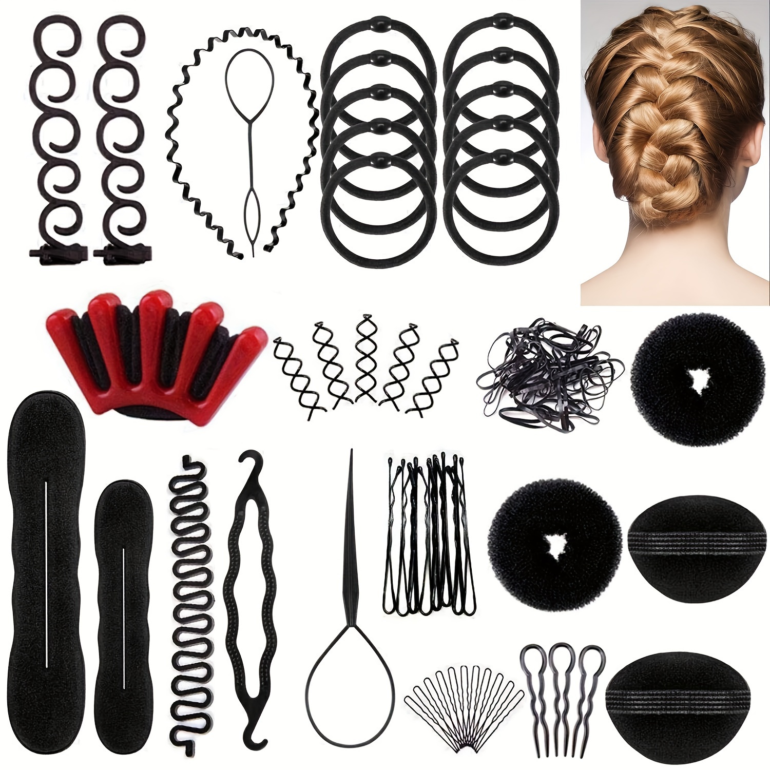 

Kit de coiffure 81 pièces, ensemble d'accessoires de cheveux pour femmes, pinces à cheveux, chignons, donuts, épingles à cheveux, , twists, coiffures surélevées, sans parfum, pour cheveux de texture