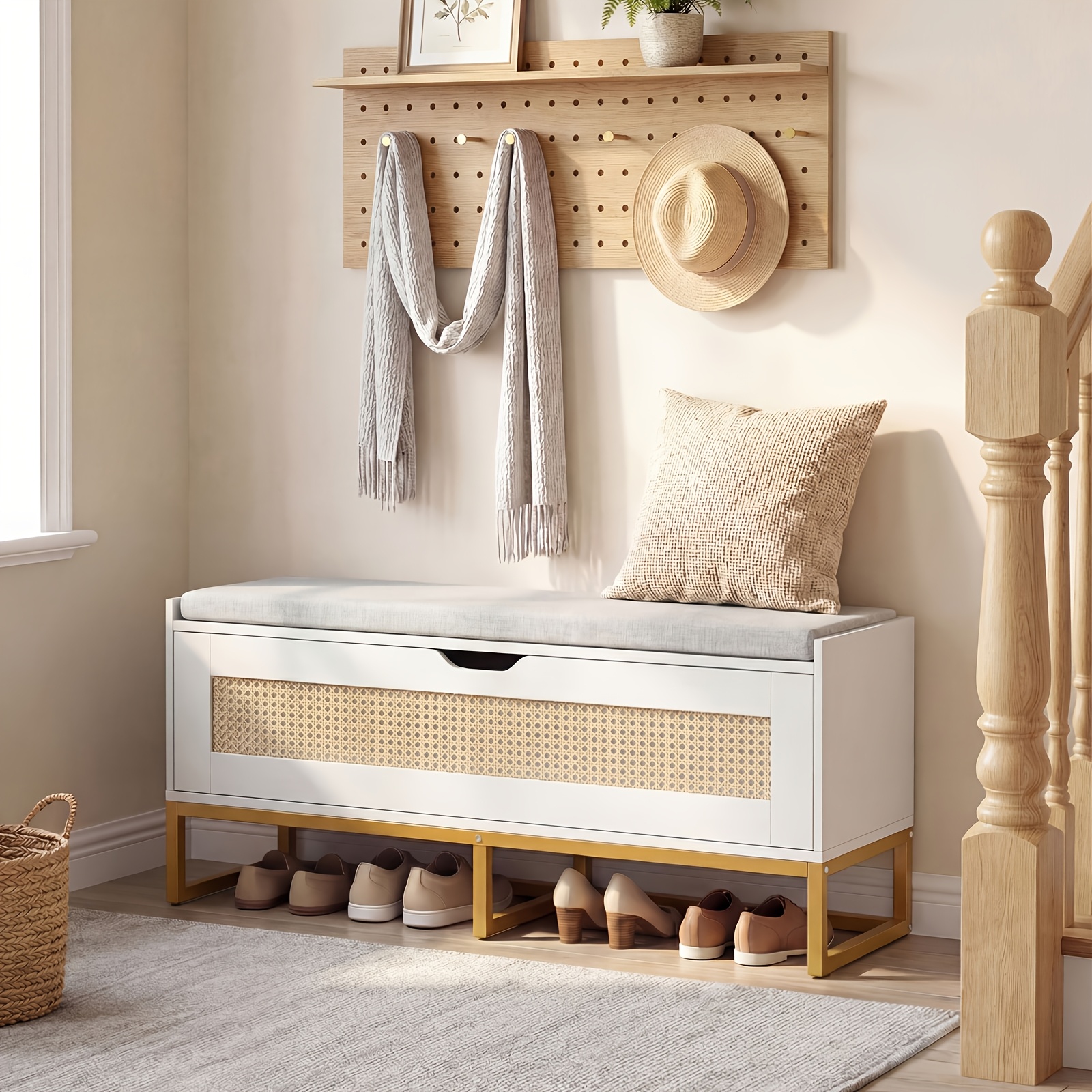 Image of Shoe Bench With Padded Seat, Rattan Shoe Cabinet With Hinged Lid & Safety Fittings, Wicker Bench Up To 200 Kg Load Capacity For Hallway, Entryway 100 X 35 X 44 Cm (white)