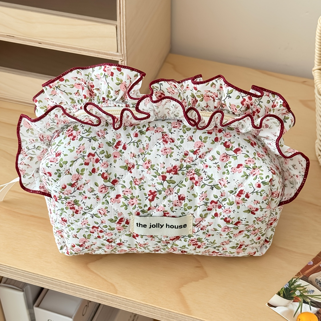 TEMU A Stylish Makeup Bag With A Soft Fabric Surface, Featuring Colorful Lace And Floral Prints, Designed With A Contrasting Color Zipper. This