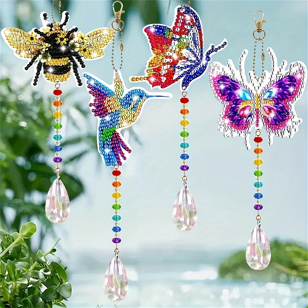 

4pcs 5d Diy Diamond Painting Kit - Bee, & Hummingbird Designs With Crystal Pendants - Round Acrylic Rhinestone Art For Window Hangings And Wind Chimes