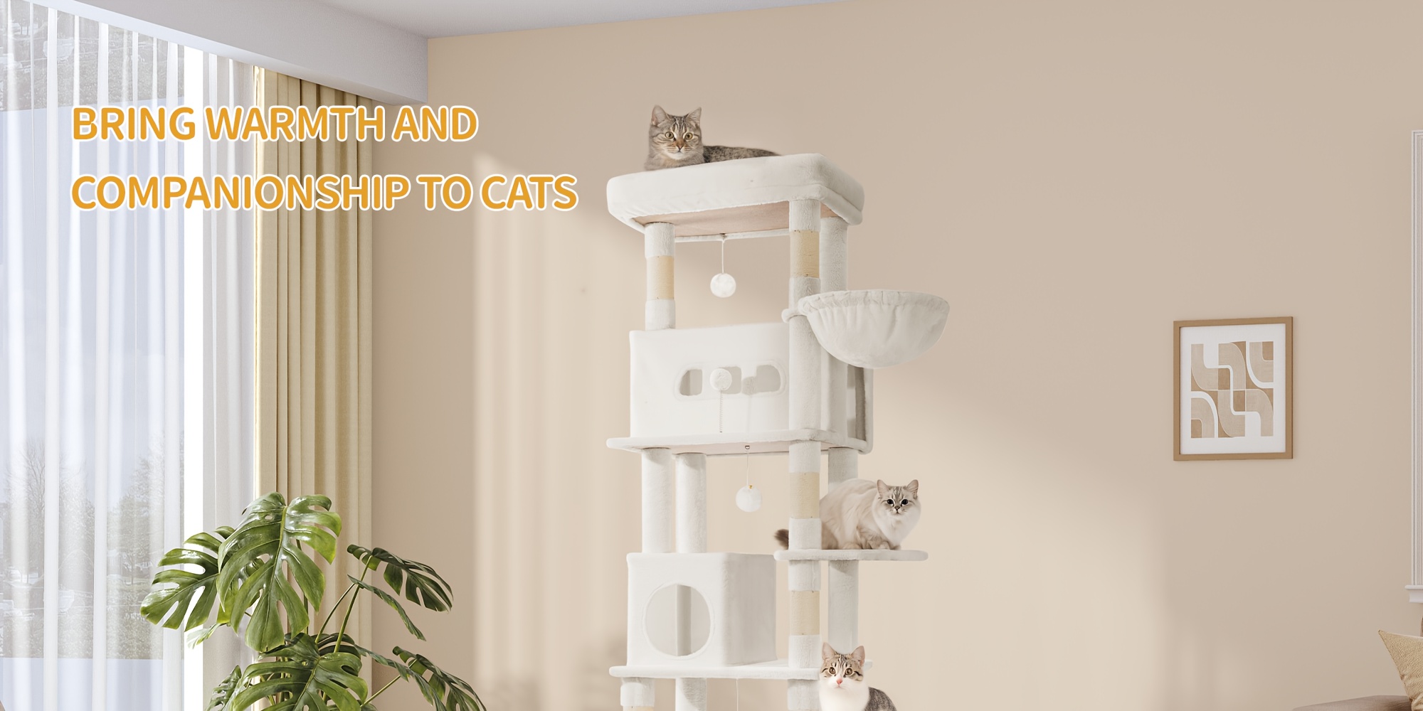 Grande Arbre à Chat, 210 cm de Hauteur, avec 8 Griffes, 2 Tanières, Grandes Plateformes, Tapis Lavable, Hamac, Balles en Peluche, Arbre Multiniveaux, Blanc Crème