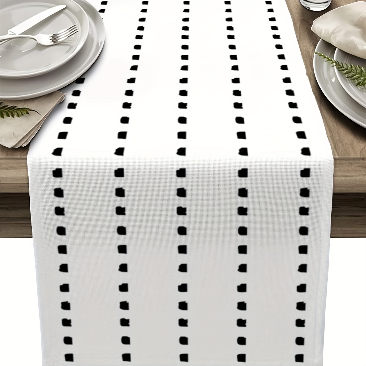 

1pc, Boho Style Table Runner, Black And White Geometric Polka Dots Printed Table Runner, Minimalist Burlap Linen Kitchen Dining Scarf, Party Decor