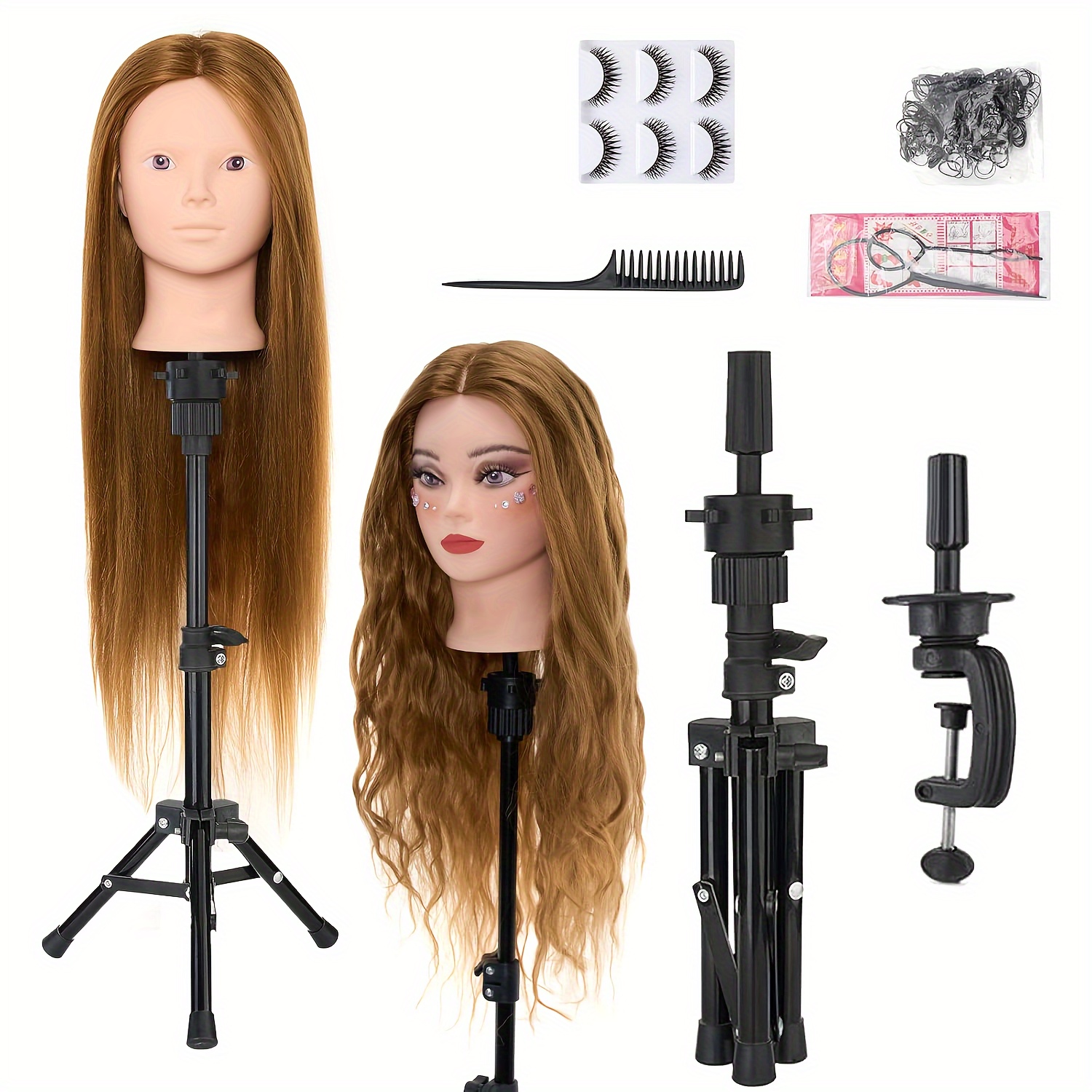 TEMU 28inch Mannequin Head 60% Real Hair With Tripod Stand, Make Up Cosmetology Manikin Practice Doll Head With Hair, Braiding Hairdressing Head For Hair Styling With Table Clamp Hair Styling Set