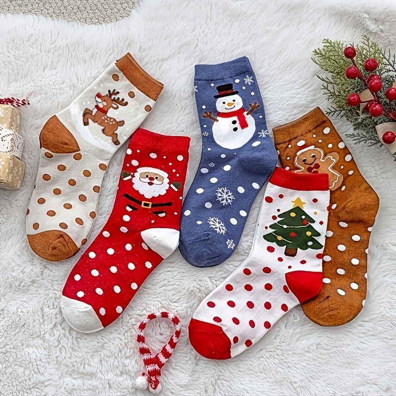 TEMU 5 Pairs Casual Comfortable Cute Sweet Retro Cartoon Christmas Element Polka Dot Trendy Mid-calf Socks