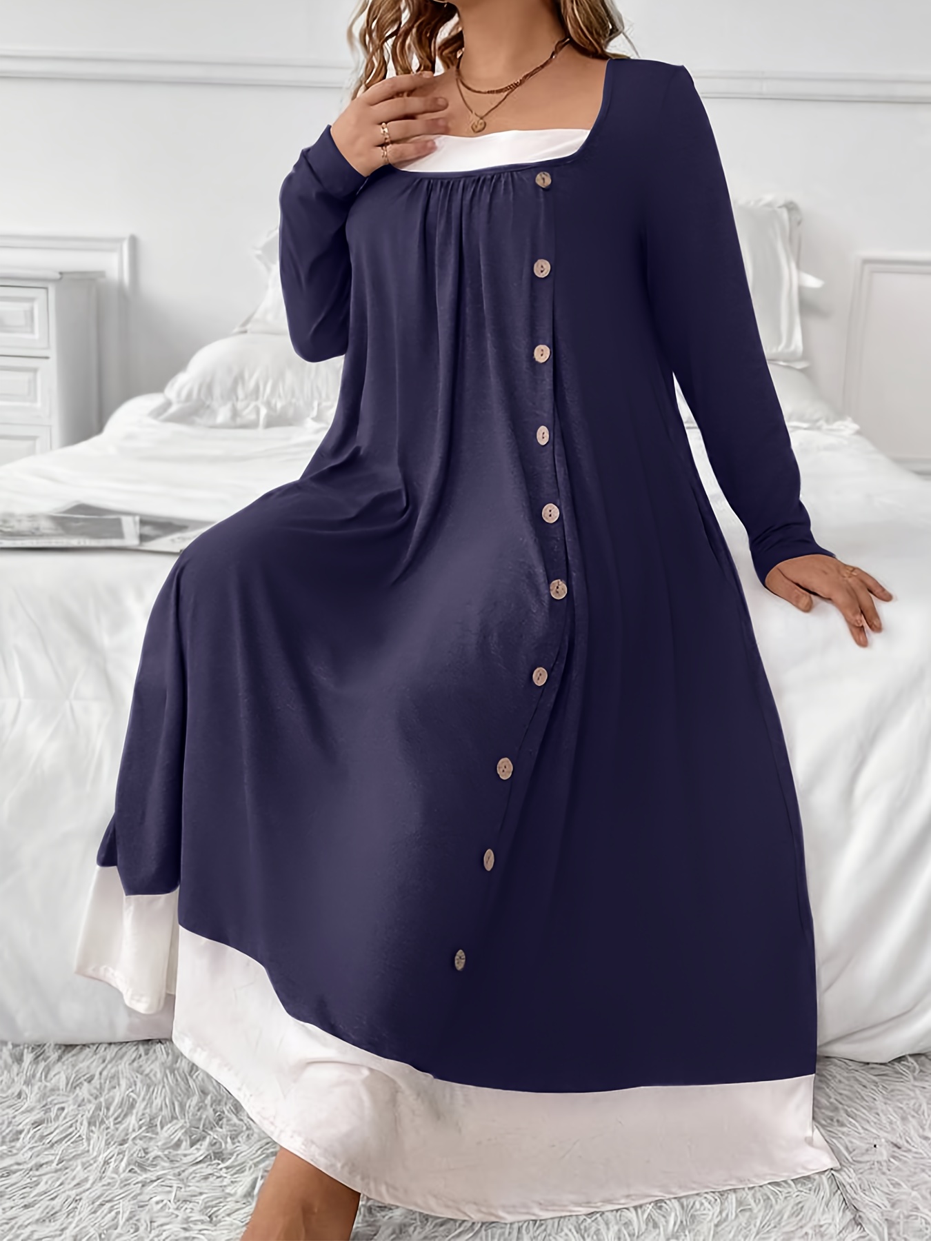 plus size womens sleep dress contrast trim long sleeve Temu Norway