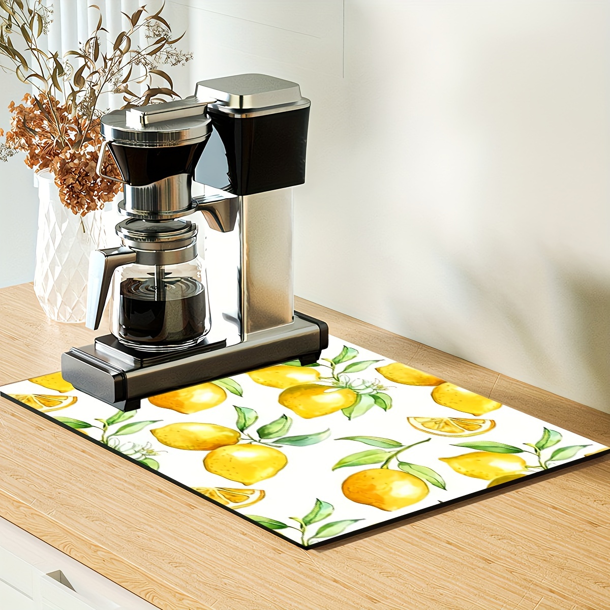 Lemon Print Absorbent Dish Drying Mat Set, Polyester Kitchen Counter Mat  for Drying Dishes, Soft Non-Slip Quick Dry Pad for Coffee Machine Piece