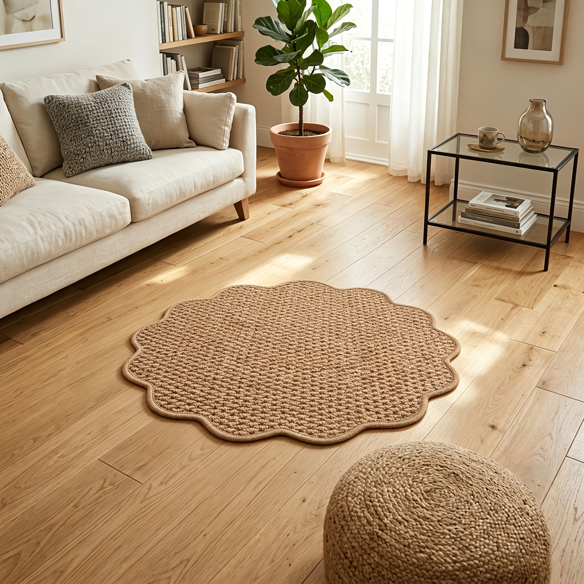 TEMU 1pc Brown Round Petal-shaped Faux Sisal Rug, Non-slip And Machine Washable, Breathable Fiber Mat, Washable, Suitable For Pet Owners, For Home