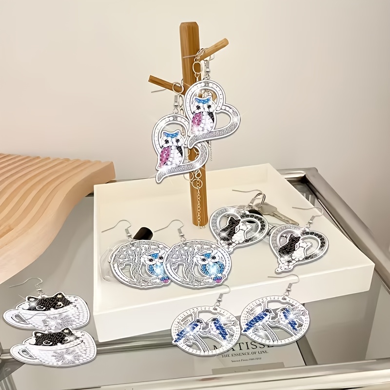 8 Pair Diamond Painting Earrings Kit, Owl & Cat Designs