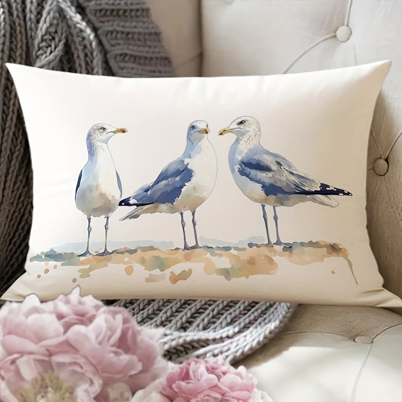 TEMU 1pc Seagull Lumbar Pillow Cover - Elegant Beach Decor Cushion Cover, Machine Washable, Suitable For Living Room/bedroom/office - 12x20