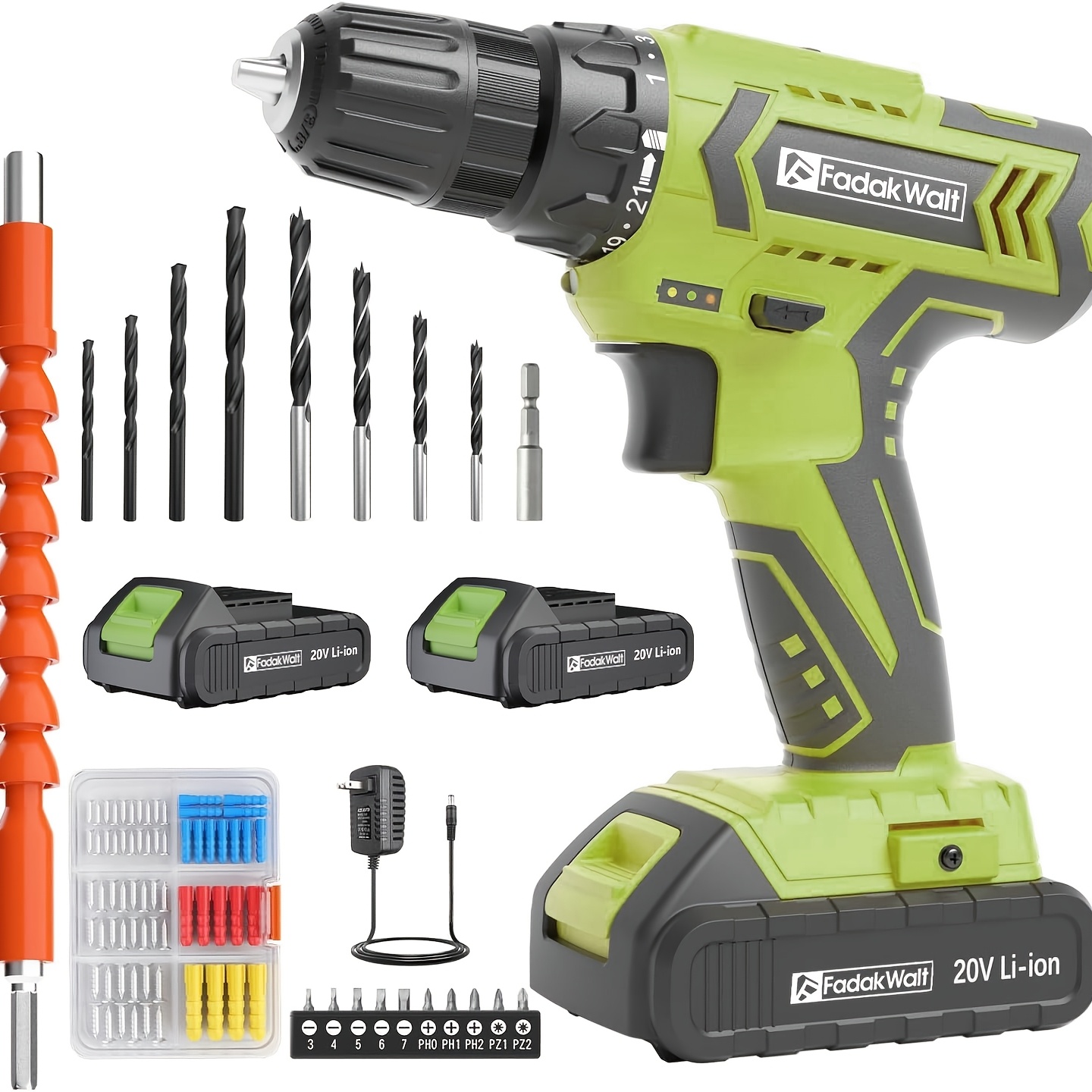 

Cordless Drill Set, 20v Drill, With Battery And Charger, 30n.m And 21+1 Torque, 2 Variable , With 59pcs Drill Driver Bits Kit, Screws