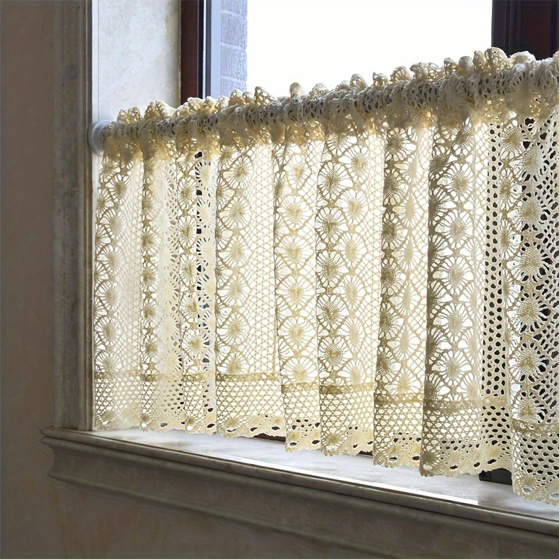 

1pc Chic Handmade Crochet Lace Mesh Curtain, Rod Pocket Drapes, 100% Polyester, Geometric Pattern, Yarn-dyed, Unlined, For Kitchen, Cafe, Living Room, Bedroom, Home Decor