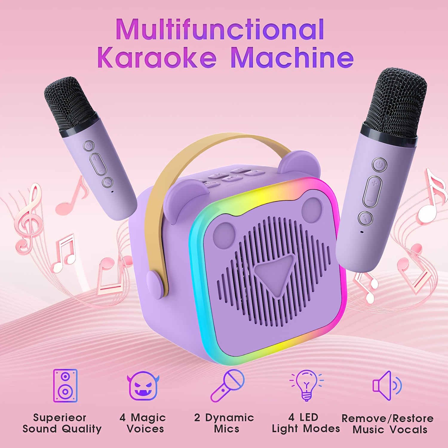 Karaoke Machine for Teens & Adults - 2 Wireless Mics, USB Charge, LED Lights. Portable for Home Parties, Outdoor Trips. Birthday/Holiday Gift, Fits All Smartphones