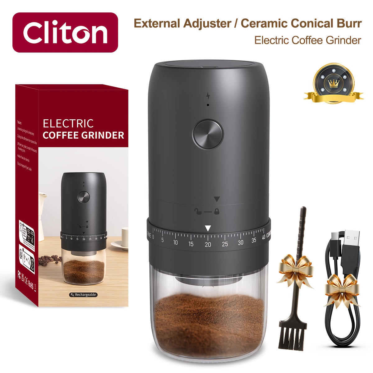 TEMU Rechargeable Electric Coffee Bean Grinder, Portable Cordless Conical Burr Coffee Grinder With 1800mah Capacity Battery, Washable Container,