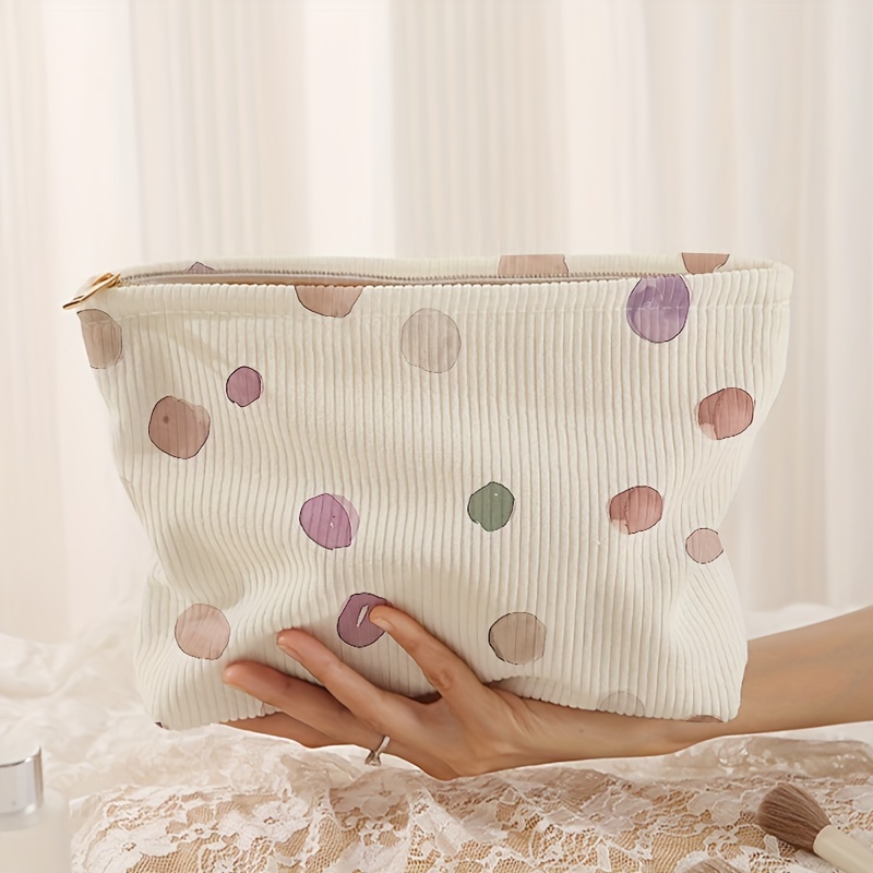 Chic Polka Dot Corduroy Makeup Bag With Zipper - Lightweight, Multi-functional Cosmetic & Toiletry Organizer Pouch