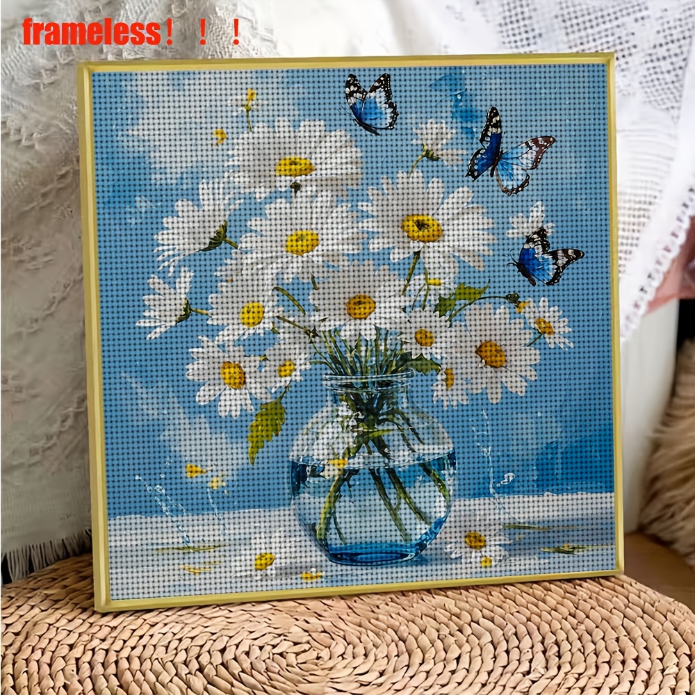 DIY Cross-Stitch Printed Kit of Daisies and Blue Butterflies, Unframed