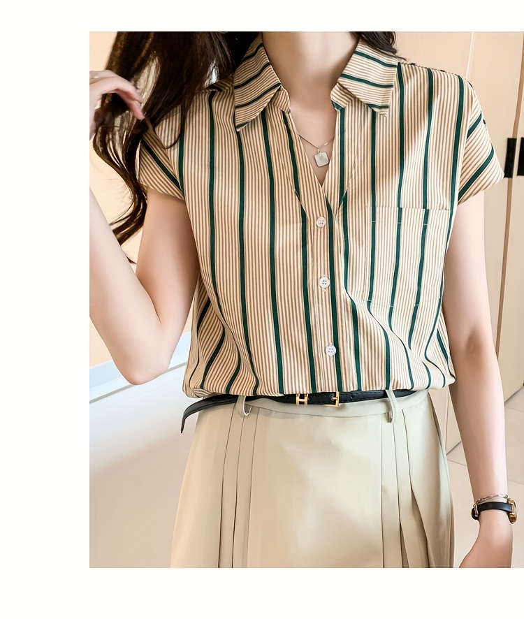 Hong Kong Style Casual Summer New Women's Chiffon Short Sleeve Open Front Shirt Blouse