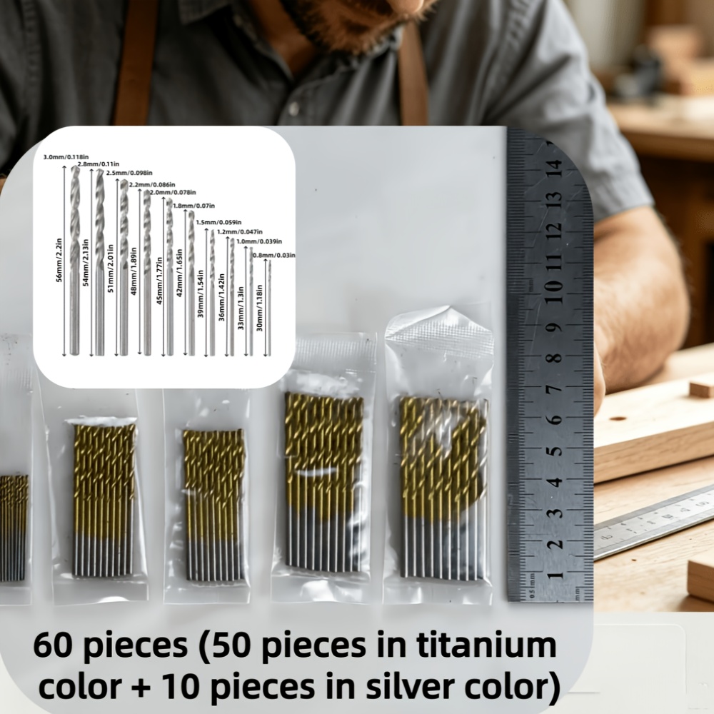 TEMU Set da 60 punte elicoidali rivestite di grado/Punte a - 3,0-5,59 cm/Punte mini/Progettate per trapani elettrici a , con codolo dritto, punte per