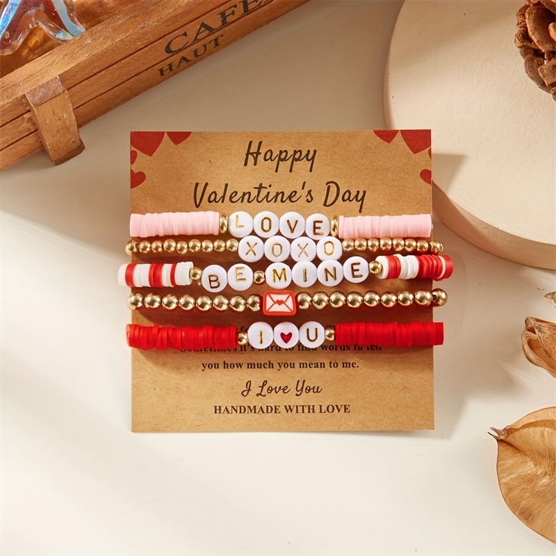 

A Set Of 4/5/6 Valentine's Day Bracelets Featuring Layered Red Soft Clay, Gifting.