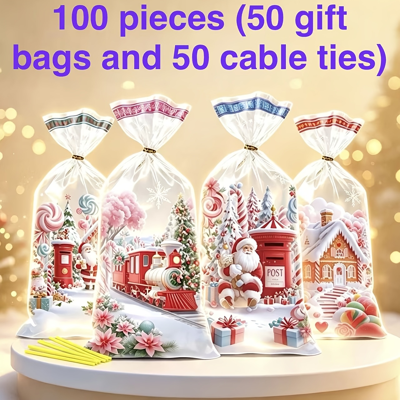 TEMU Ensemble de 100 sacs d'emballage cadeaux de Noël Père Noël Étoile de neige Fleur ( 50 sacs et 50 attaches) Boîte cadeau de Noël Décoration de