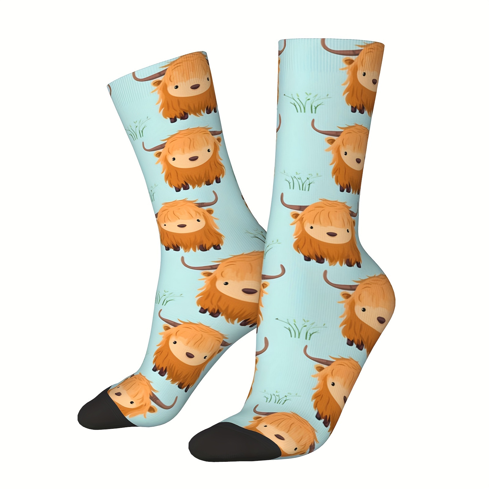 

1 Pair Of Unisex Vintage Style Novelty Cartoon Highland Cows Pattern Crew Socks, Trendy 3d Digital Printed Men Women Socks, Crazy Funny Socks For Gifts