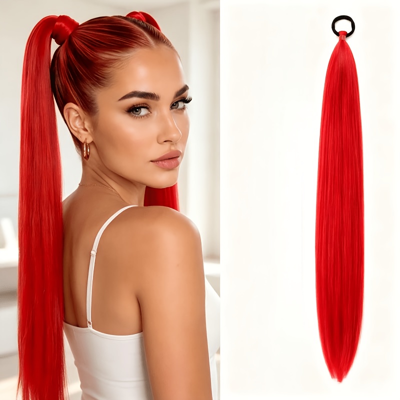 TEMU 1 Pack. 26 pouces/ 65 cm. Extension de queue de cheval tressée colorée en tissu rouge, convient à diverses occasions que , les fêtes, les