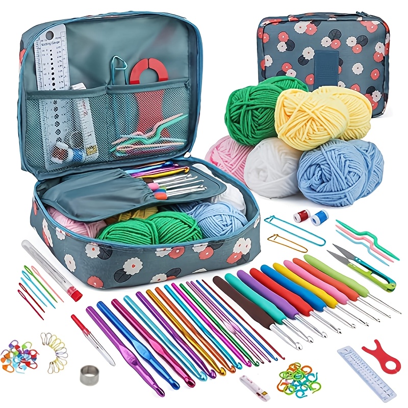 

107pcs Crochet Kit For Beginners, Portable Knitting Tool Set With Materials In Light Blue Plastic - Ideal For All