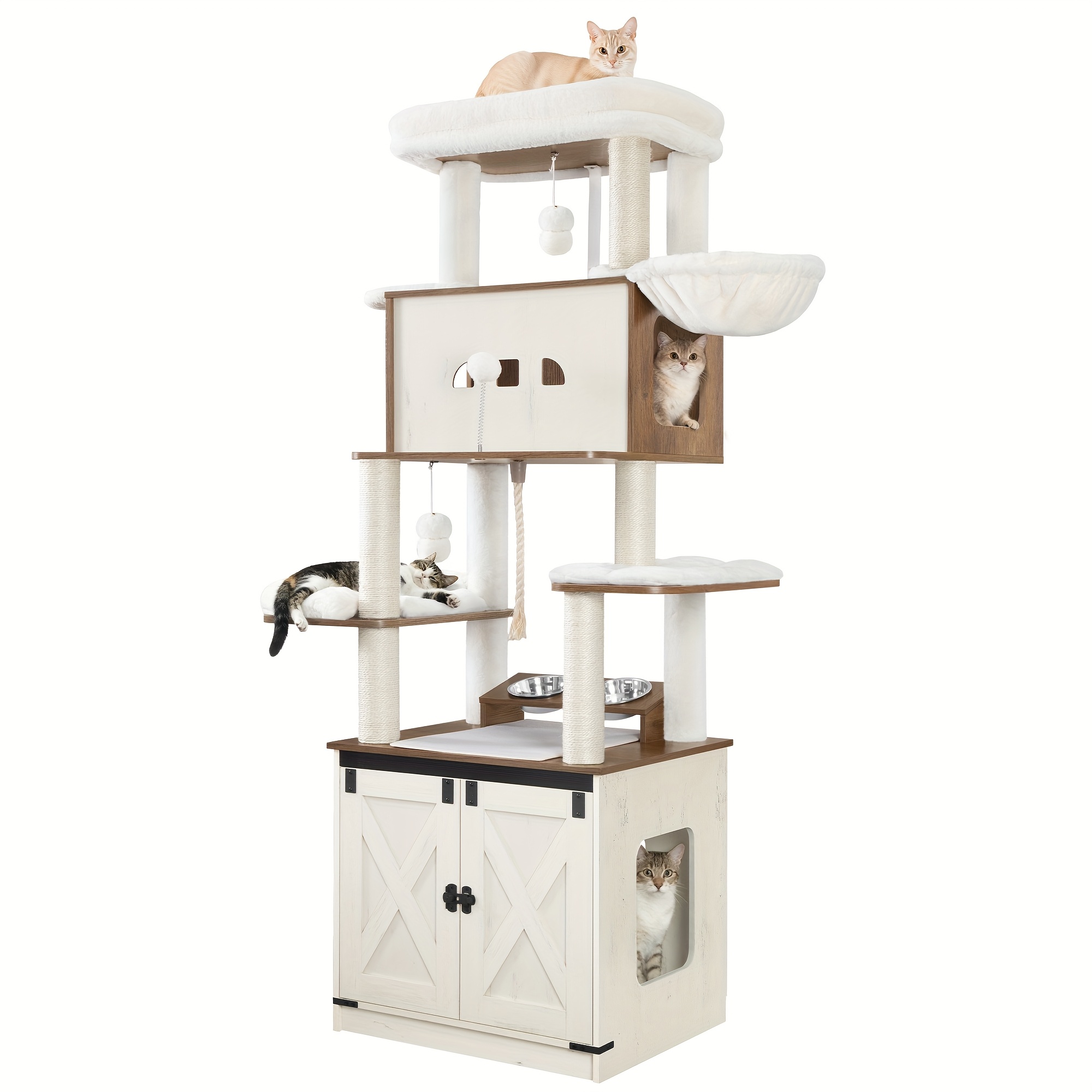TEMU para gatos con de arena, área de alimentación, de 173 cm , equipada con plataforma espaciosa, cuerda de sisal, hamaca, cojín extraíble, pelotas