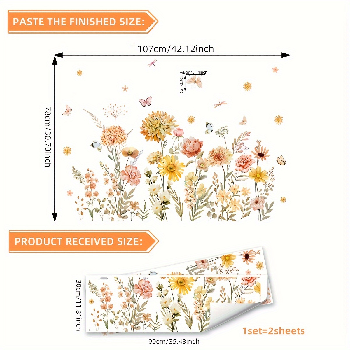 Image of A Set Of 2pcs, 30*90cm*2pcs, Hand-painted Floral Wall Stickers For Bedroom, Living Room Decoration, Wall Decal Ms7179-yc