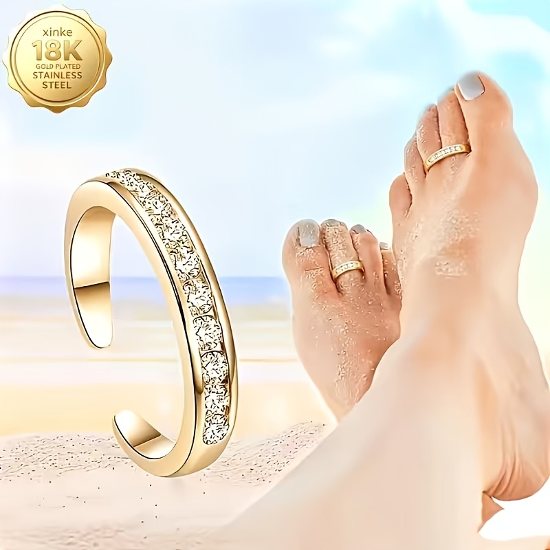 TEMU Elegant 18k Gold Plated Bohemian Style Women's Toe Ring, Featuring Sparkling Inlays, Suitable For Daily Wear, Vacations, Parties, And Outdoor