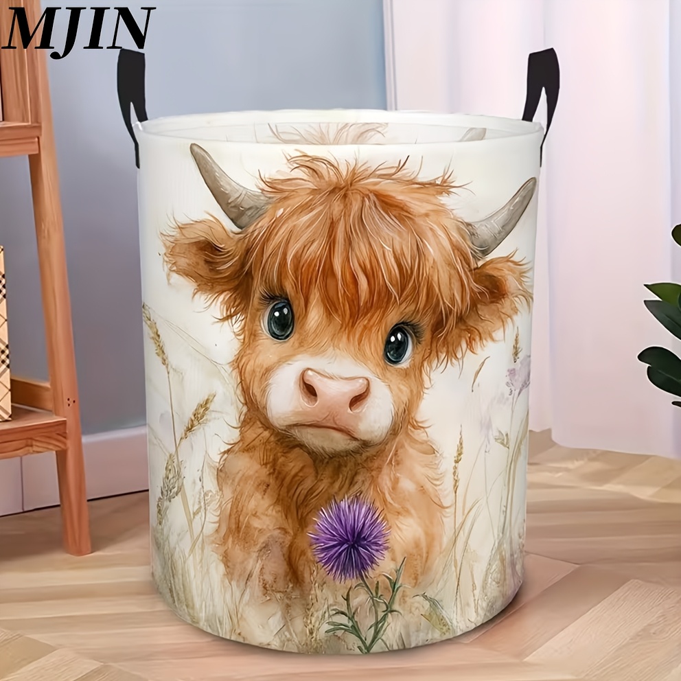 TEMU 1pc Cute Highland Cow Pattern Round Laundry Basket | Foldable Organizer Box, Suitable For Clothes, Sundries, Bathroom, Bedroom, Closet Storage,