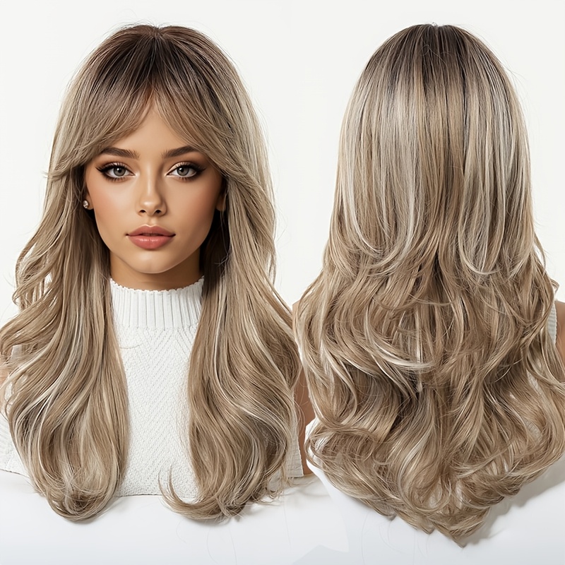 Image of 22 Inch Ash Blonde Balayage Wig For Women Suitable For , Ombre Curly Hair Wig With Curtain Bangs, Heat Resistant Synthetic Wig For Daily Wear & Parties, European Chic Layered Hairpiece