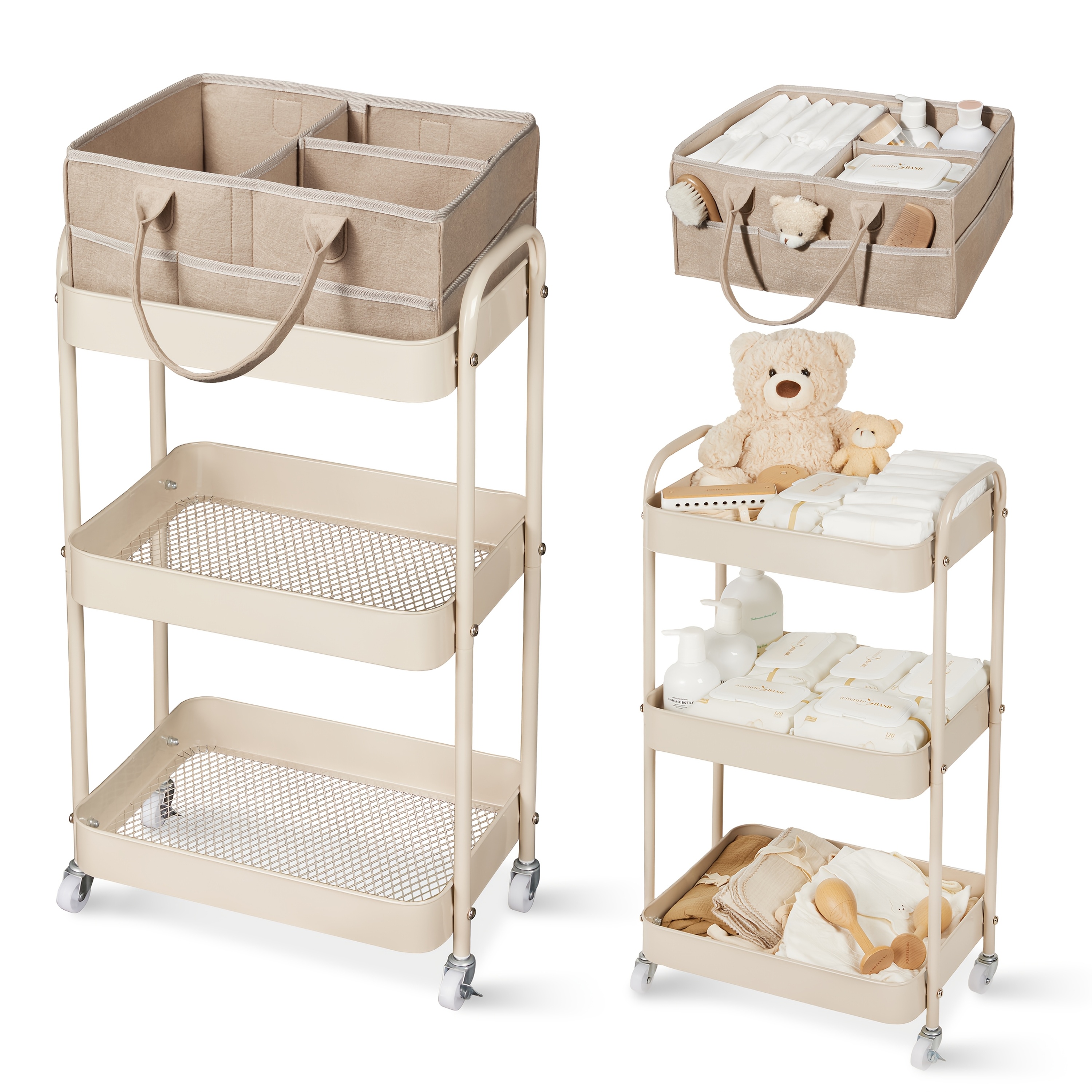 Fortella Diaper Caddy And Storage Cart, 3-tier Rolling Organizer With Dividers And Drawers, Easy Assembly, Mobile Nursery Cart With Wheels For Changing Table, Crib And Bedroom