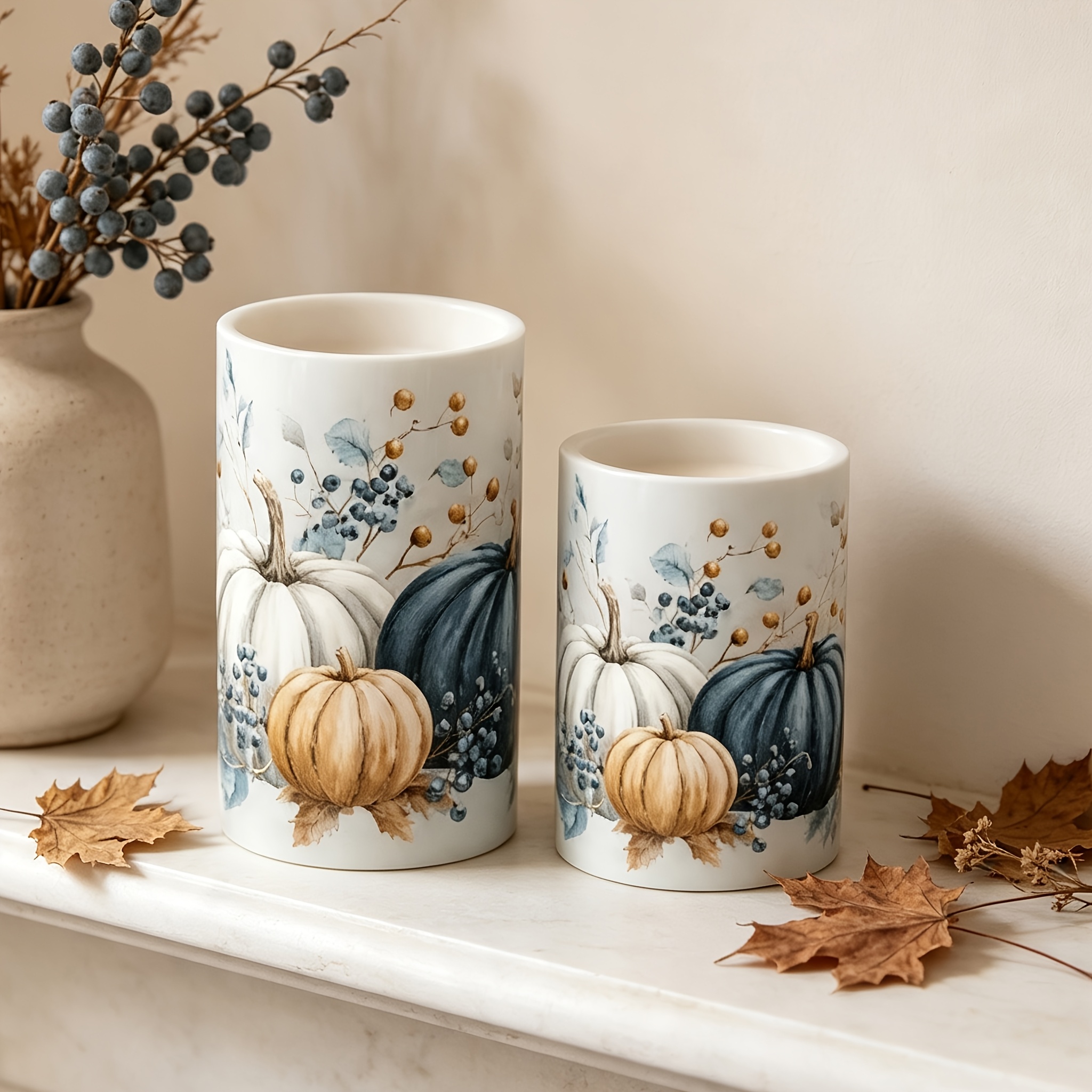 TEMU 2 Pack Flameless Led Pillar Candles With -controlled - Pumpkin Print Table Centerpiece Suitable For Mantel, Shelf, Decor, Plug-in-free For
