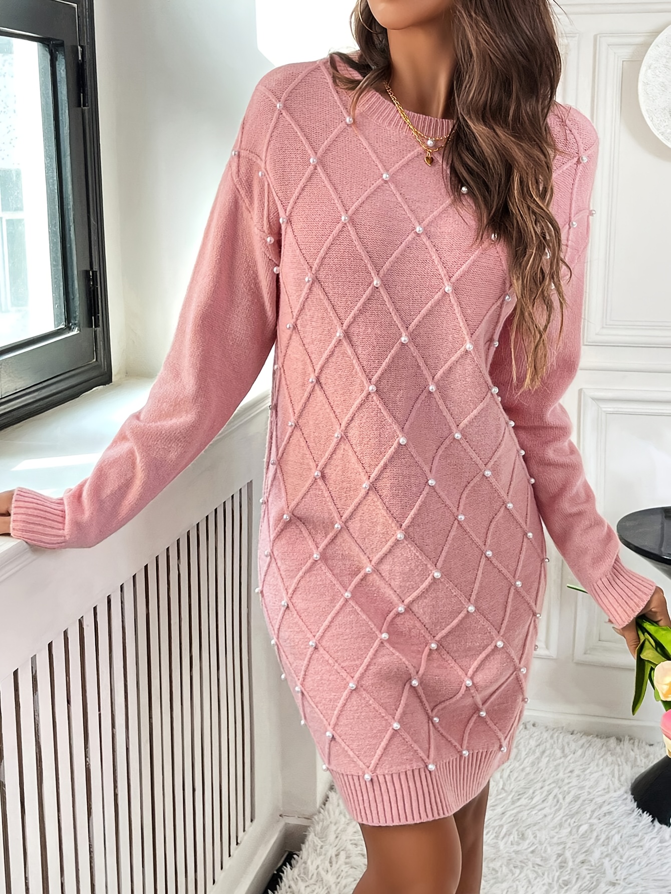 womens elegant beaded sweater dress long sleeve knee length Temu