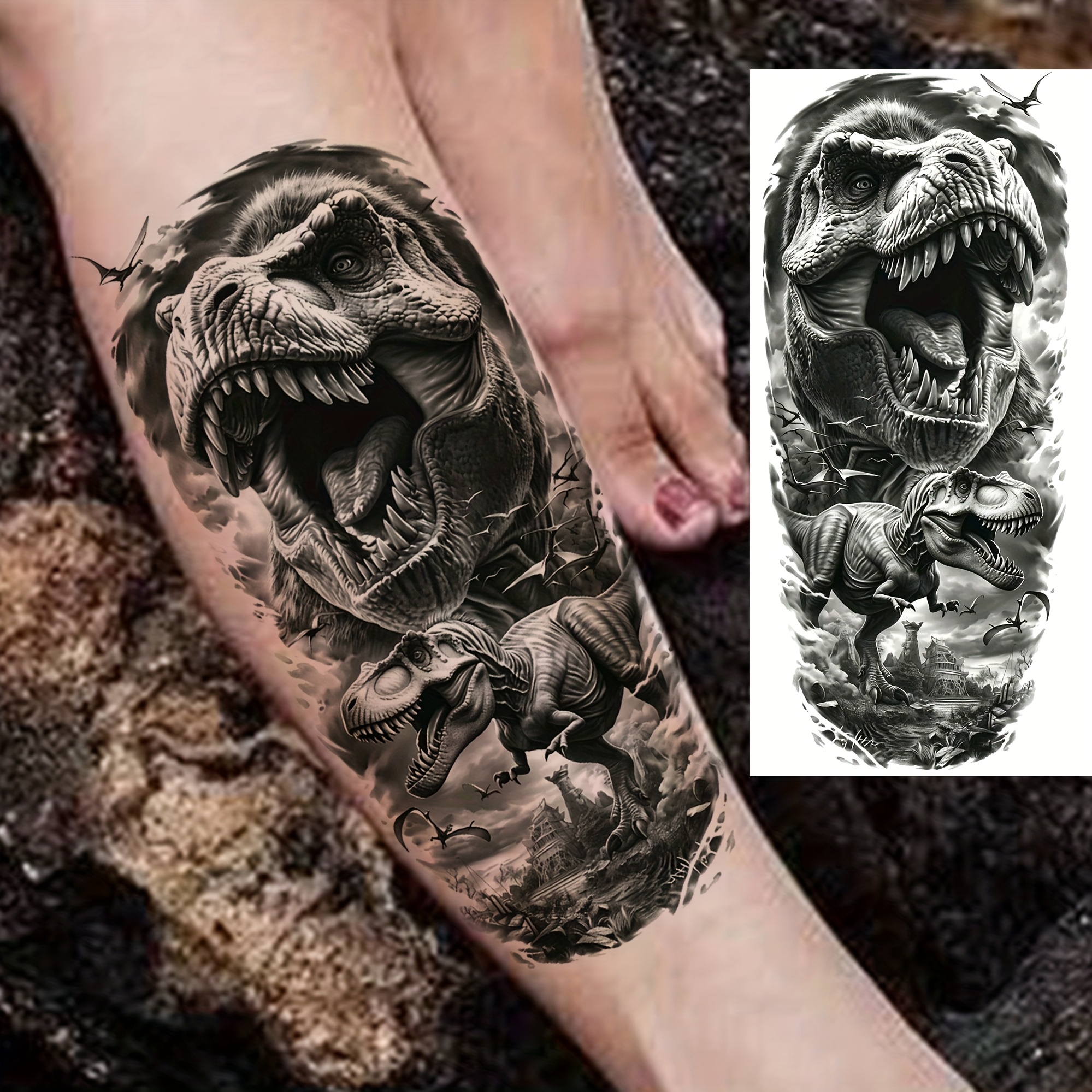 Image of 1 Sheet Dinosaur Temporary Tattoos For Women Men Half Sleeve Adults Arm Thigh Legs Forearm Shank, Long-lasting Fake Tattoo Stickers Temp Bulk Waterproof Realistic