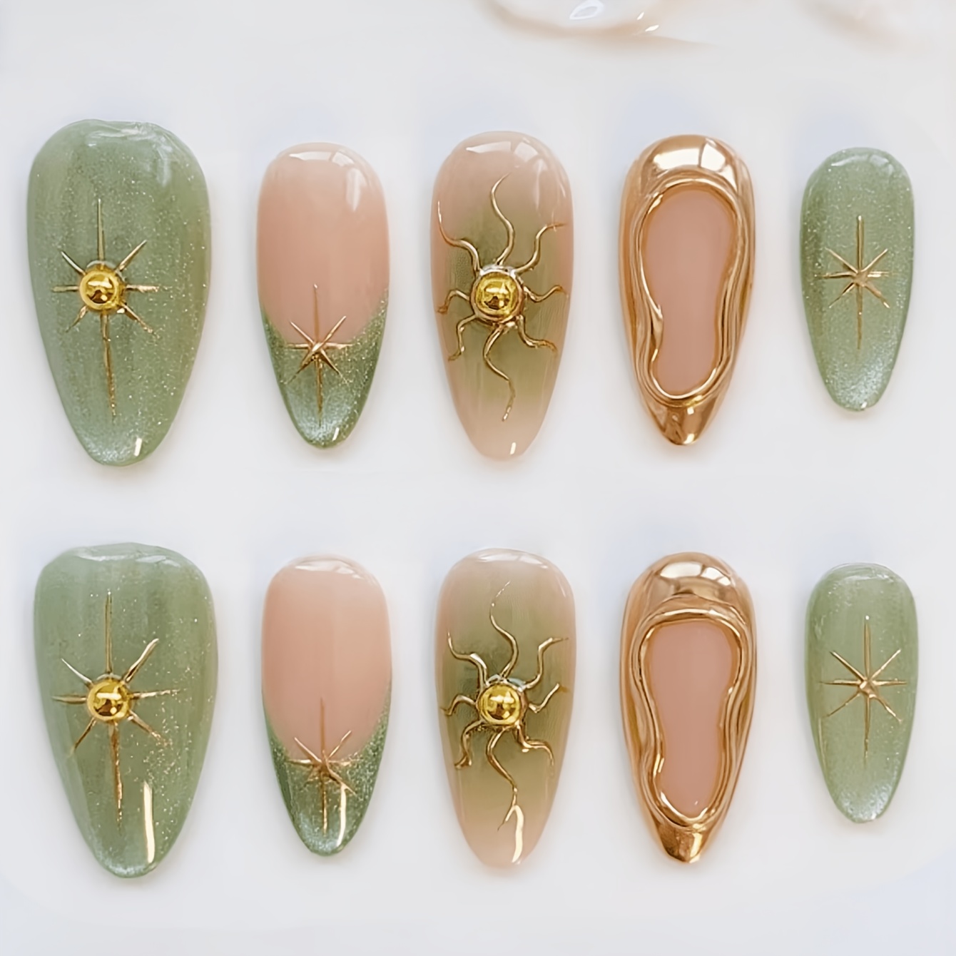 TEMU 10pcs Almond Press-on Acrylic False Nail Set, Nude, Golden, And Green, Cat-, Luminous Star Pattern With , Full-coverage Removable False Nails