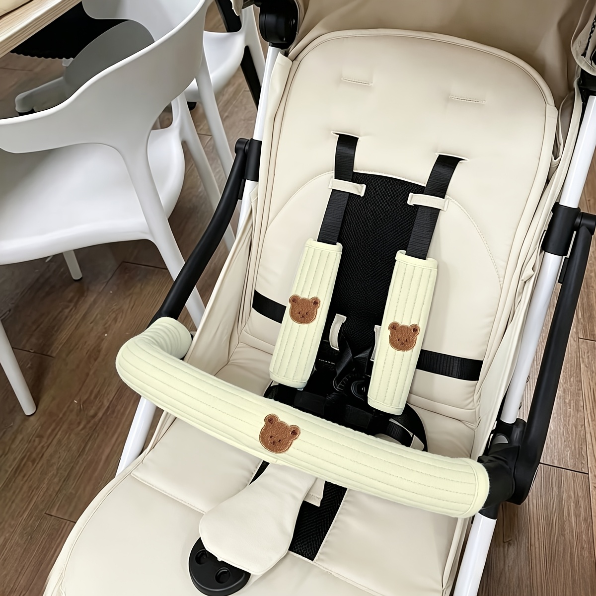 TEMU 3pcs Baby Stroller Shoulder Strap Covers, Cute Animal Patterns, With Shoulder Strap Protectors And Handlebar Covers, Soft And Breathable,