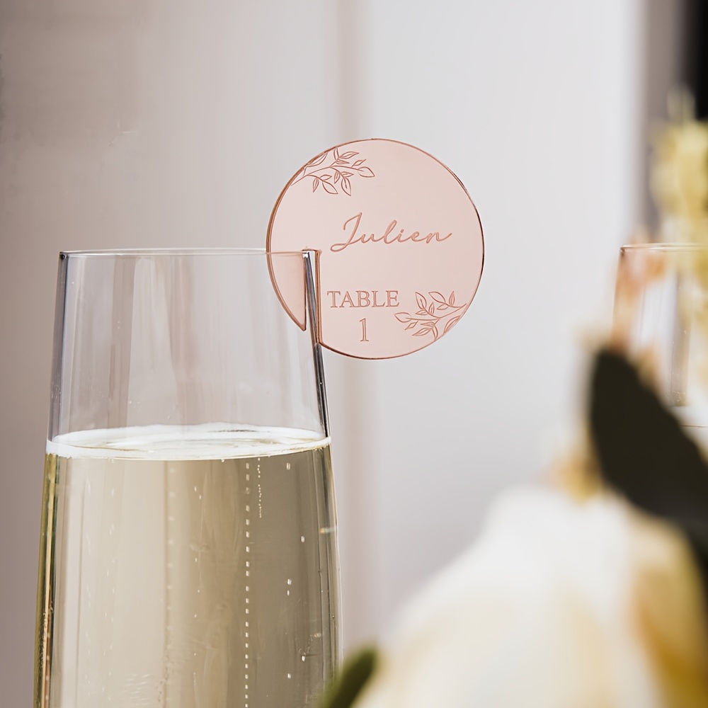 TEMU /60 Personalized Round Wedding Cup Cards (with Table Numbers) Laser-cut Custom Acrylic Floral Guest Name Cup Hangers Cocktail/champagne Drink