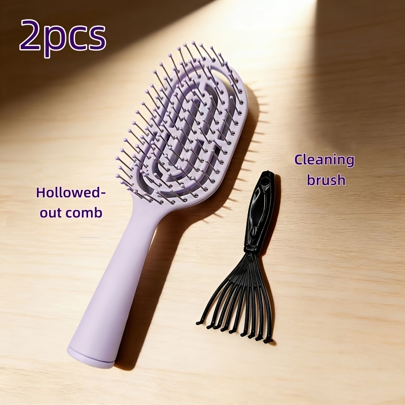 TEMU 2pcs Hair Comb & Cleaning Brush - Hollow-out Vertical Air Cushion Detangling Comb With Long Handle Suitable For Normal Hair, Scalp Massager